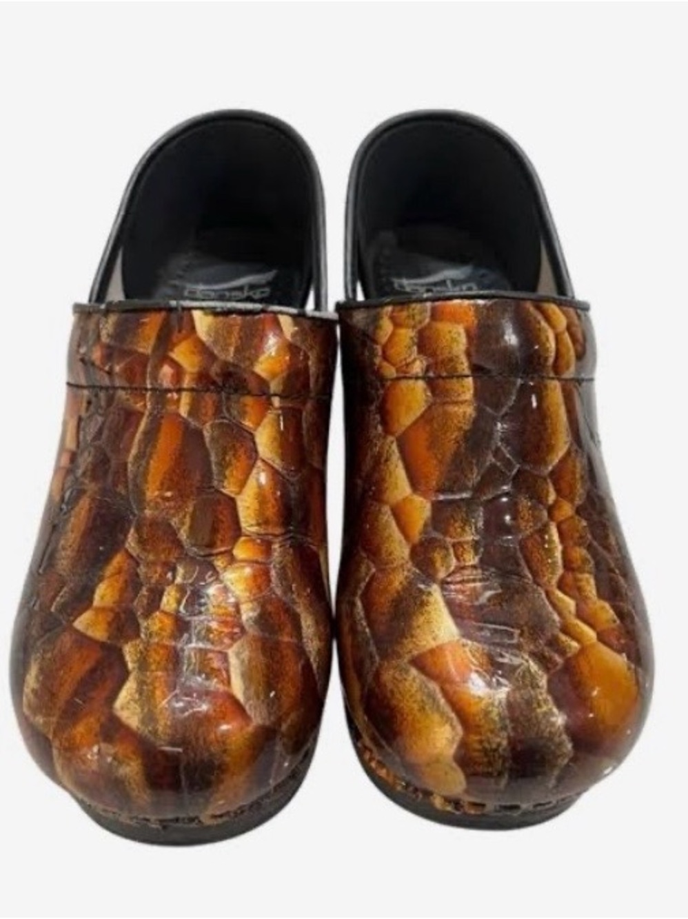 Sanita Womans SZ 9 Orange Brown Snakeskin-Effect Clogs.Perfect for Work,casual.